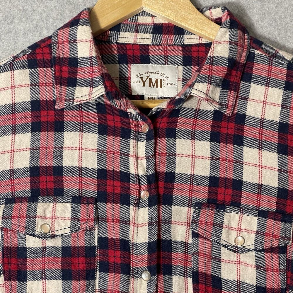 YMI Flannel Shirt Womens Juniors Medium Long Sleeve Plaid Pearl Snap Red Blue - Picture 3 of 12